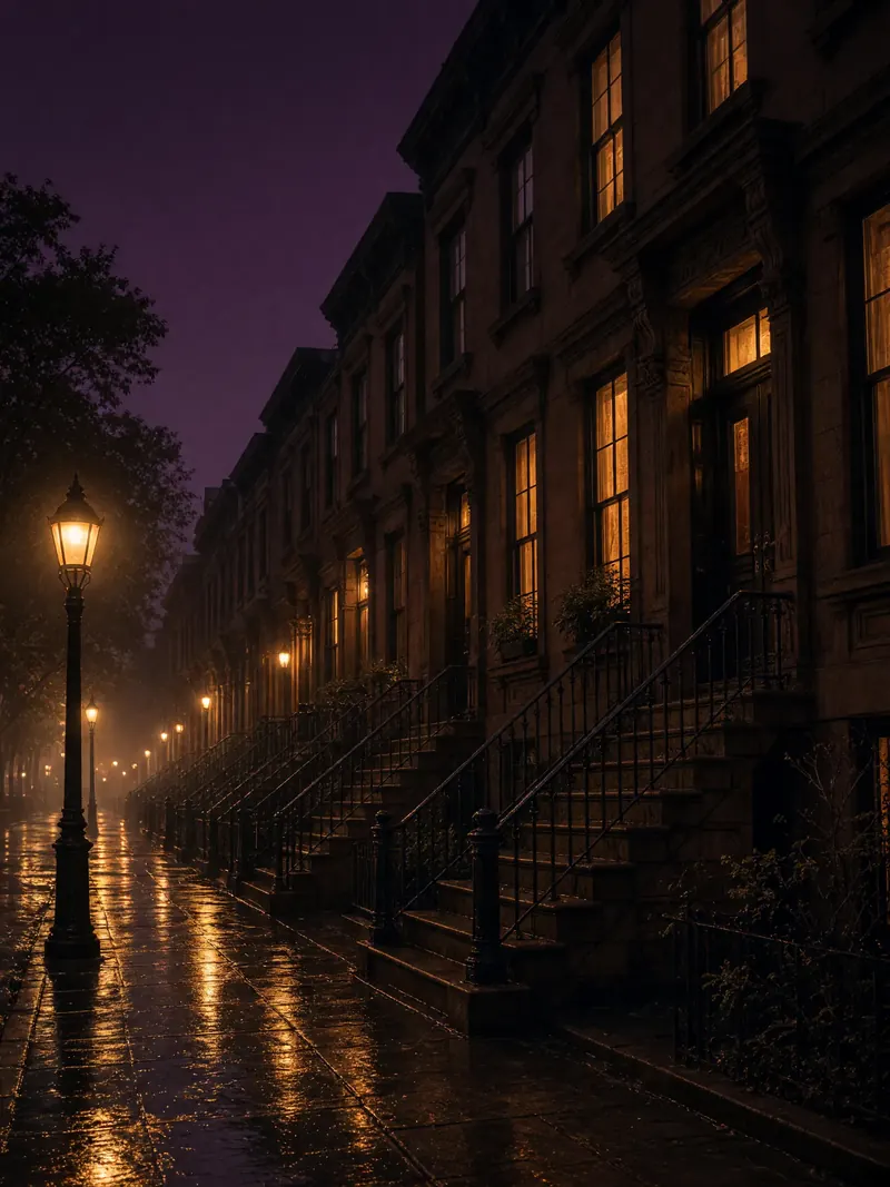 Brooklyn brownstones with glowing windows on a rainy night
