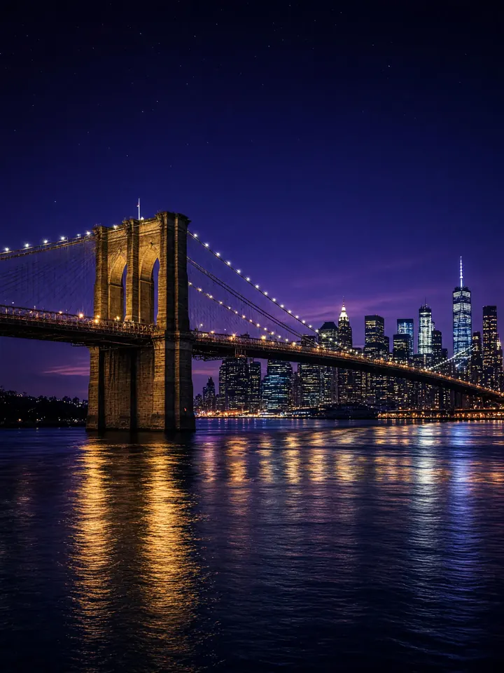 The Brooklyn Bridge lit up at night with the Manhattan skyline behind it