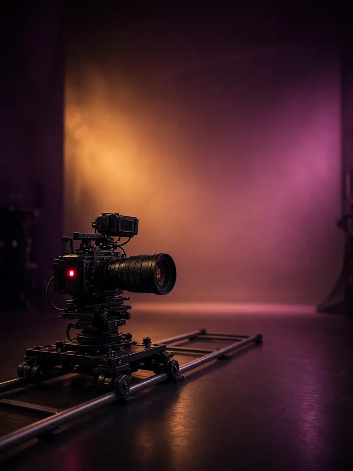A cinema camera on a dolly track with its red recording light on, in a hazy studio