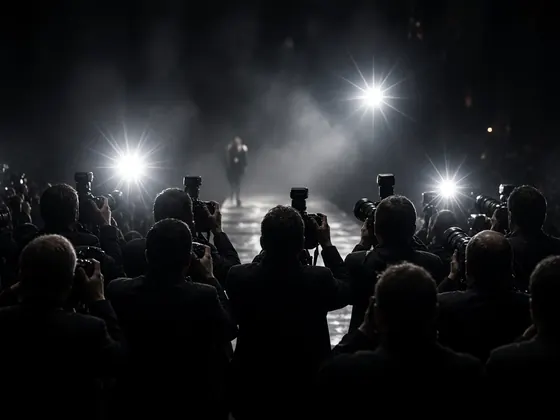 Press photographers firing camera flashes at the end of a runway
