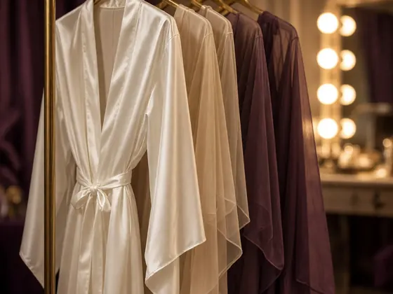 A white satin robe and sheer cover-ups on a brass rack with gold hangers
