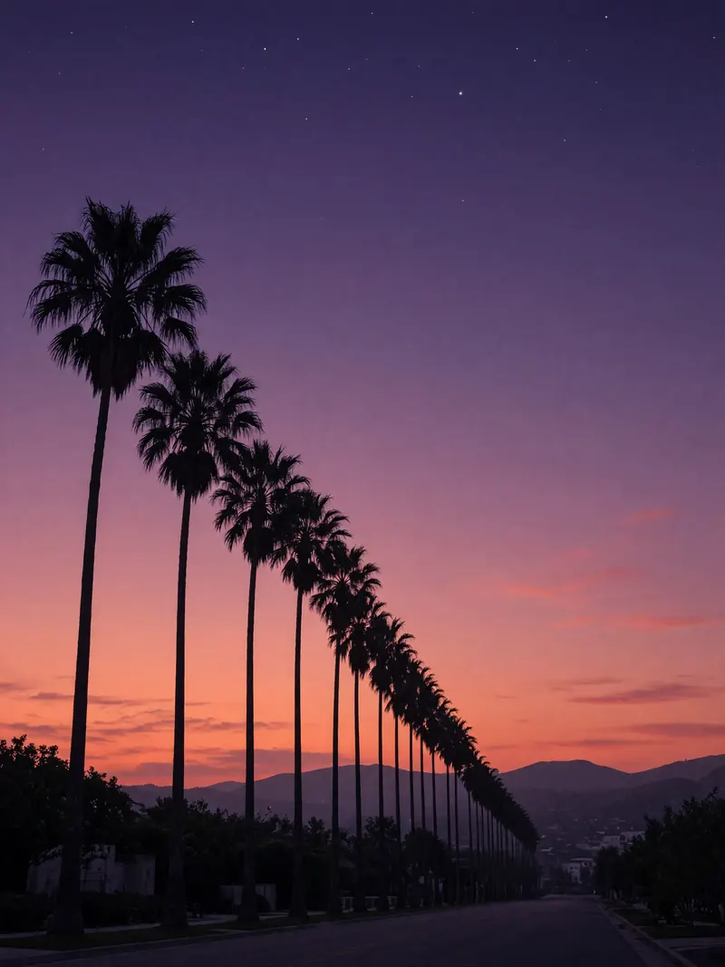 Palm trees silhouetted against a coral and violet twilight sky in Hollywood