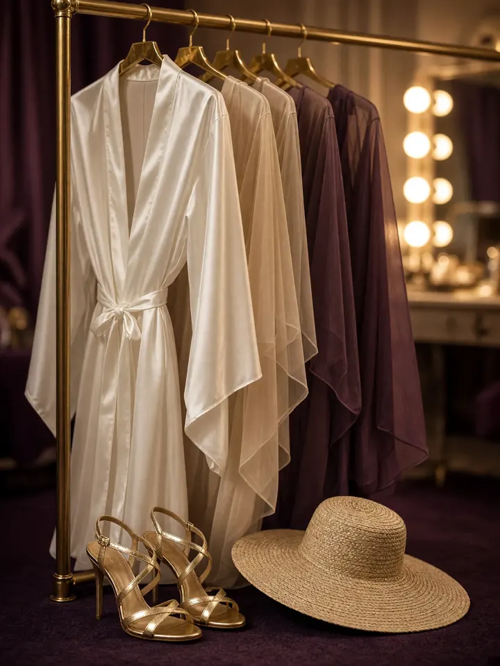A white satin robe, sheer cover-ups, gold heels and a straw hat beside a bulb-lit vanity mirror backstage